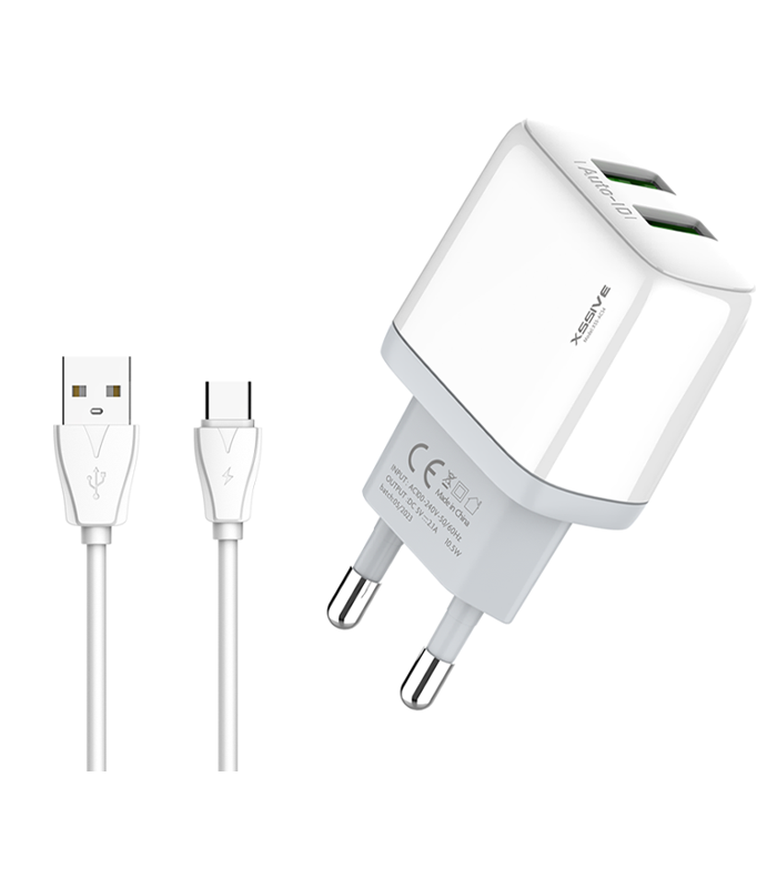 Xssive Duo USB Charger+Cable USB-C 2.1A XSS-AC54-C - White
