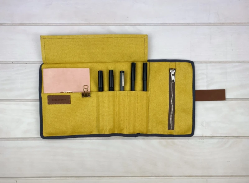 roll-up-pencil-case-leather-strap-yellow-open-scaled